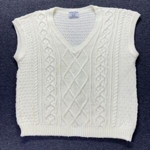 Vintage‎ College Point Sweater Vest Mens L Cable Knit V-Neck White Fishermen USA